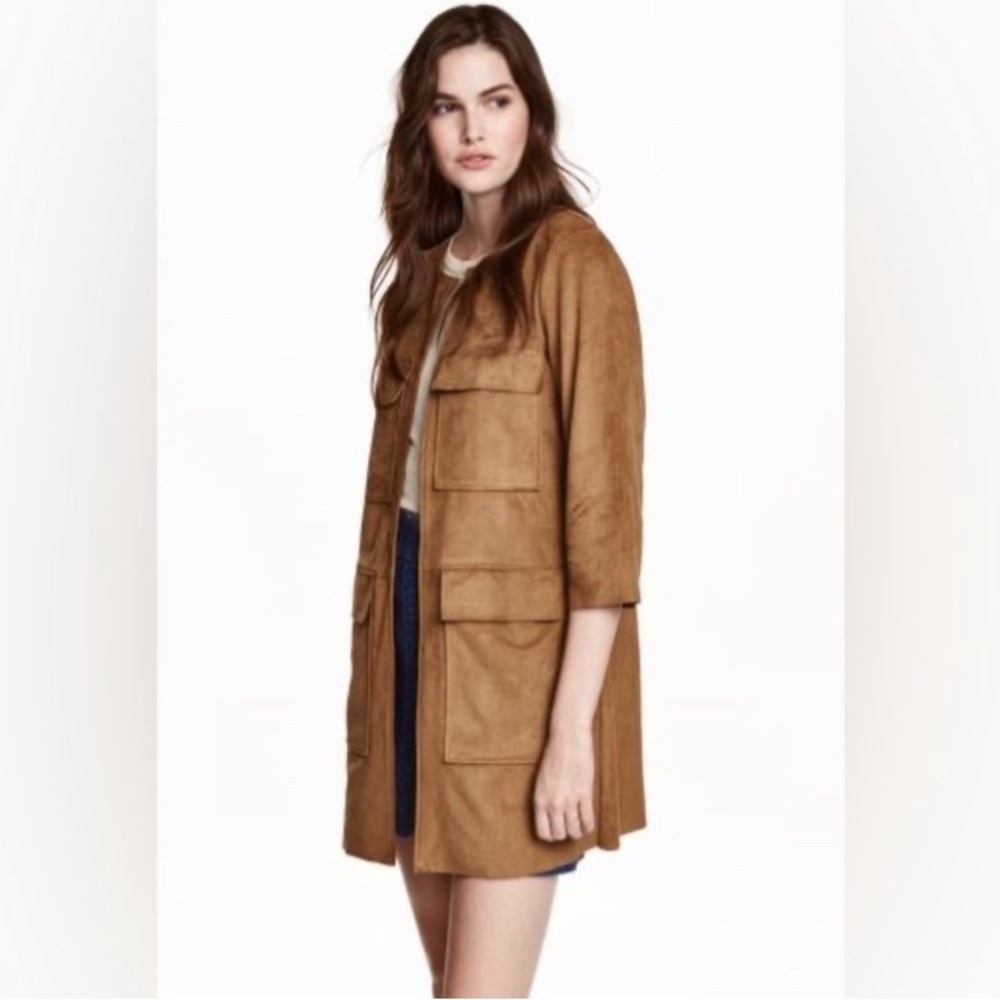 H&M Faux Suede Jacket, women’s Size 4, brown, long mid length coat with pockets